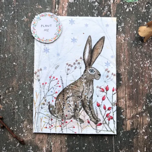 Plantable Seed Christmas Card, Illustrated Card for Christmas, Hare