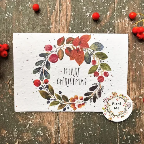 Plantable Seed Christmas Card, Illustrated Card For Christmas, Wreath