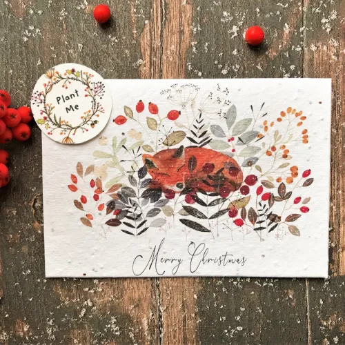 Plantable Seed Christmas Card, Illustrated Card for Christmas, Sleeping Fox